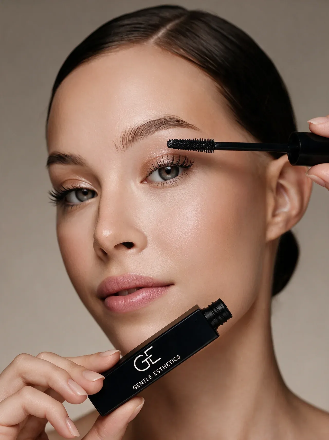 Model met mascara en een zwart Gentle Esthetics-verpakking met GE-logo