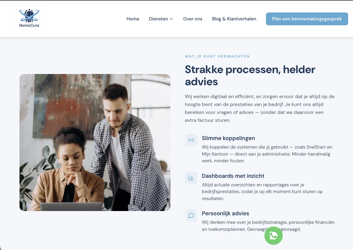 Website van Nemocura op desktop: strakke processen, helder advies